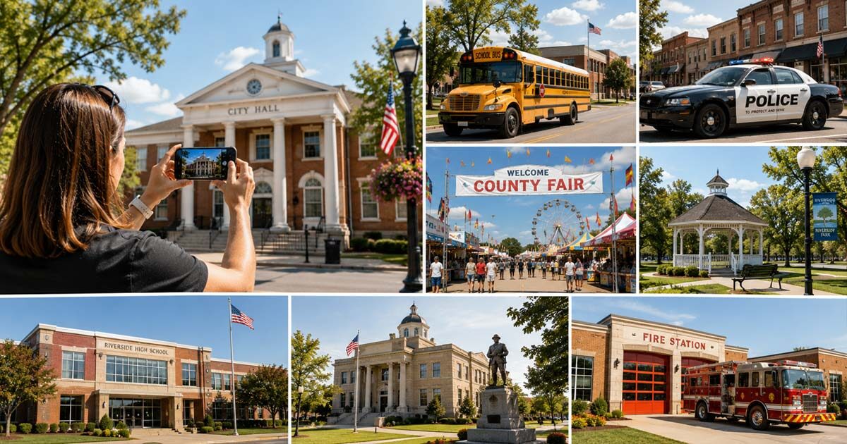 Person photographing city hall alongside a collage of local community landmarks including a school, police car, county fair, park, courthouse, and fire station.