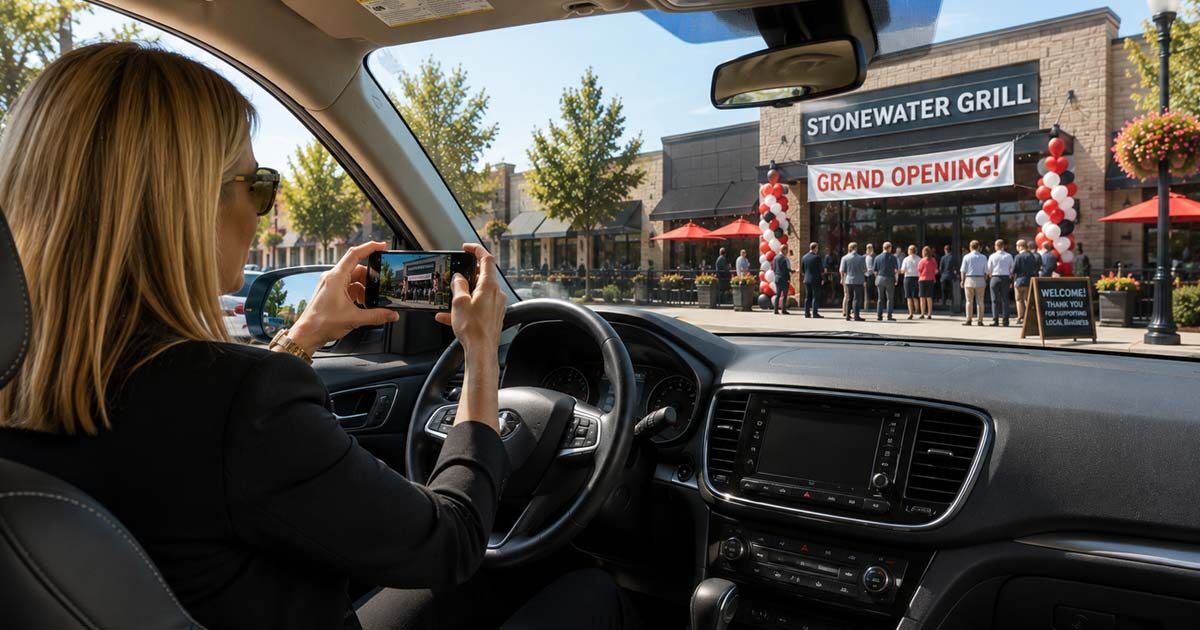 Professional salesperson taking a photo of a local restaurant grand opening from a parked vehicle to document a community event.
