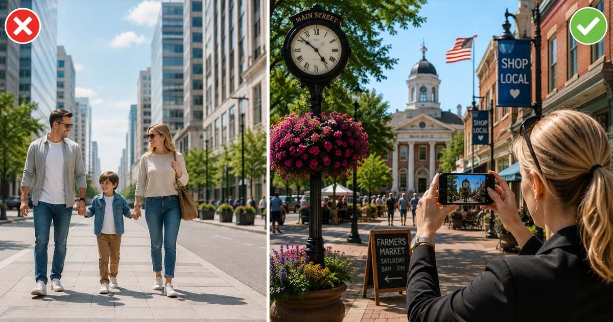 Side-by-side comparison of a generic stock photo and a photographer capturing an authentic local downtown scene on a sunny day.