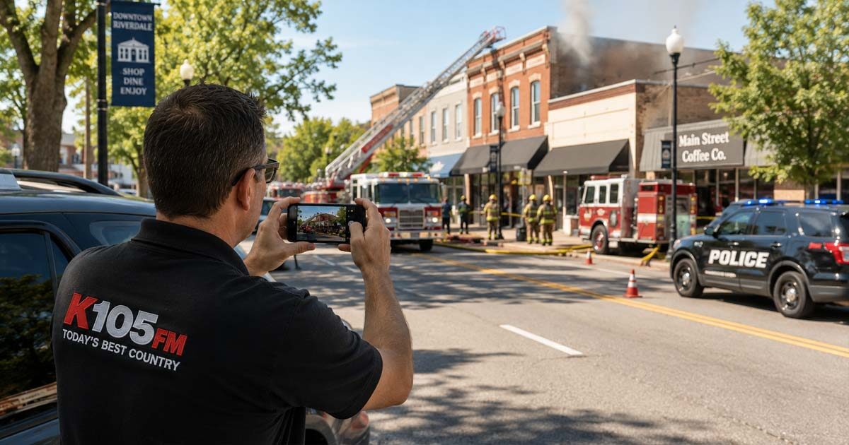 Radio station employee photographing an emergency scene while passing through town as firefighters respond in the background on a bright sunny day.