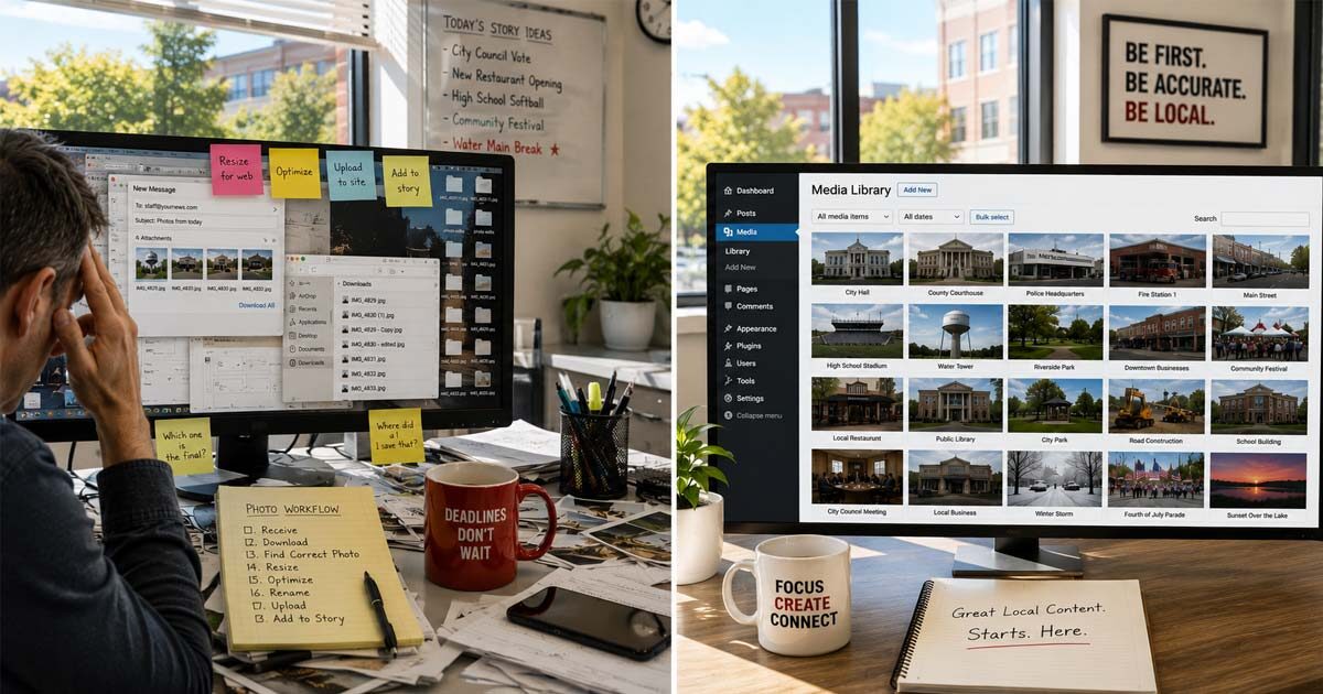 Split newsroom showing a cluttered photo workflow beside an organized WordPress Media Library filled with local community images.