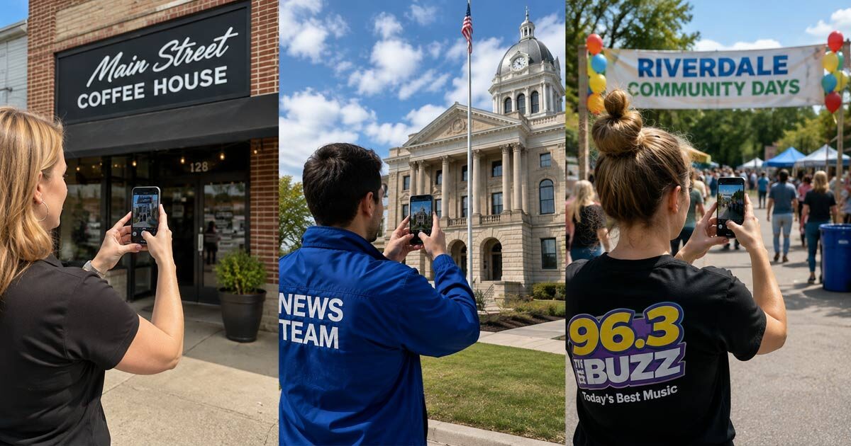 Radio station employees use smartphones to photograph a local business, county courthouse, and community event for their station’s local image library.