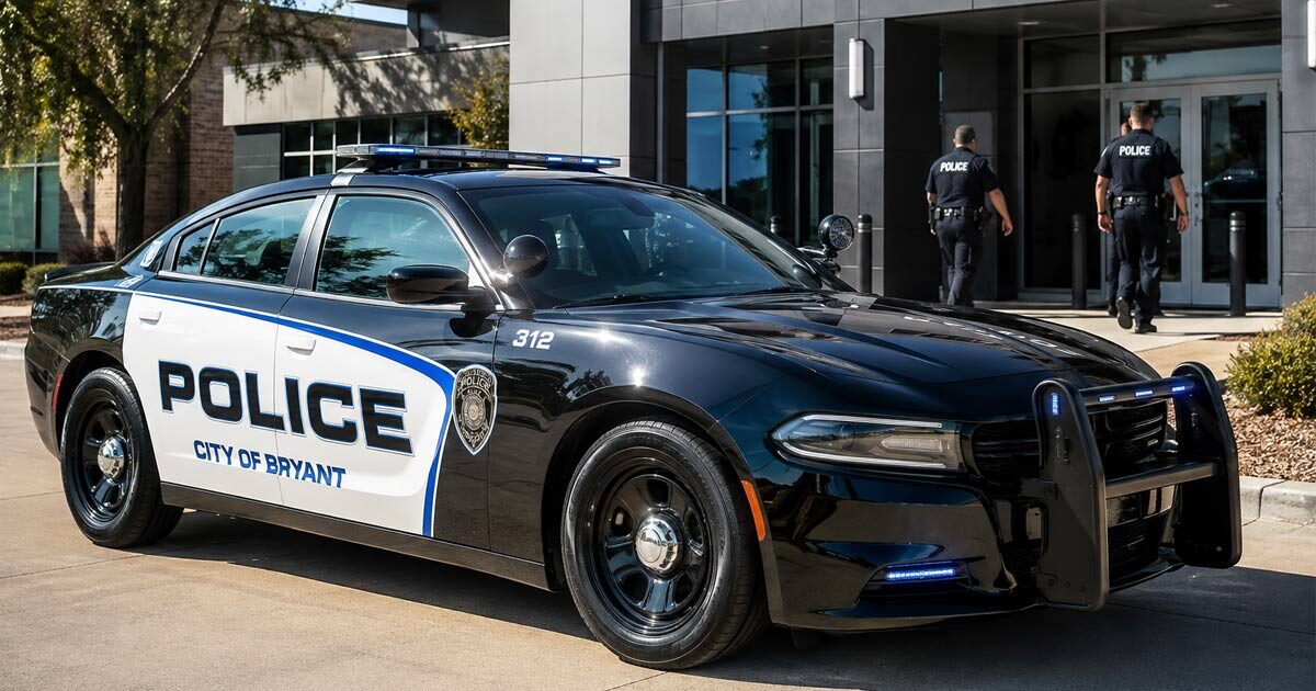 A sleek, state-of-the-art police cruiser gleams in the sunlight parked outside a bustling police station.