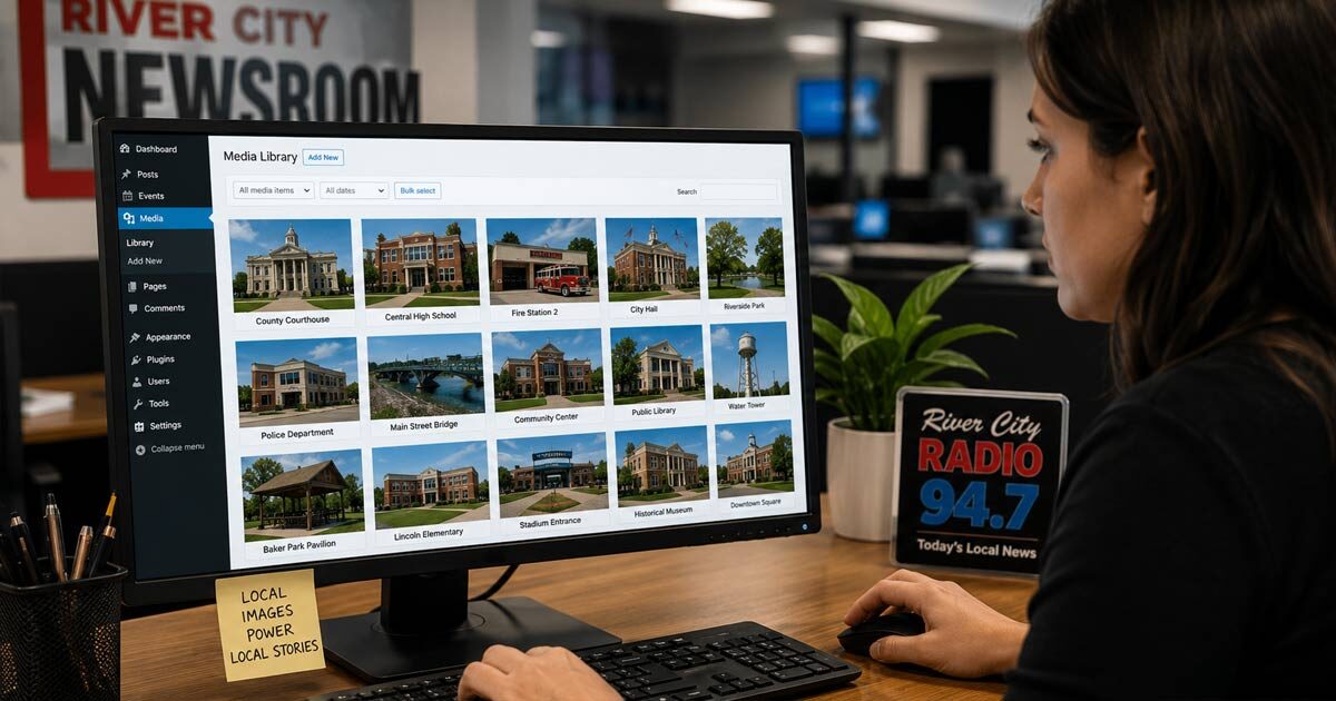 Newsroom employee searches an organized WordPress Media Library filled with labeled photos of local schools, government buildings, landmarks, and community locations.